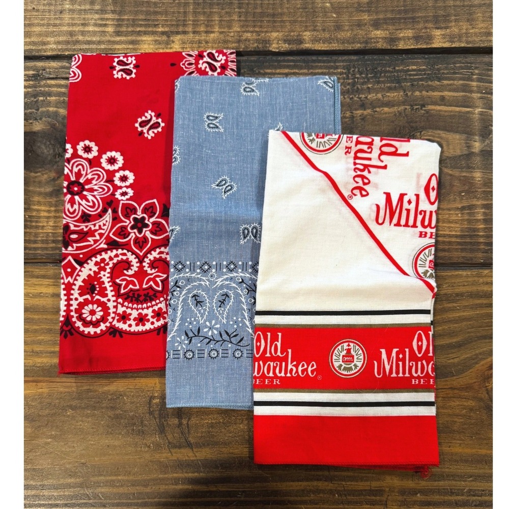 Vintage Bandana Set 3 Red Blue Paisley Old Milwaukee Beer Cotton Made in USA